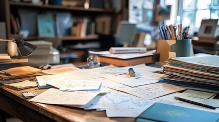 Aufkleber - A close-up of a desk with organized notes, charts, and tools for classification.