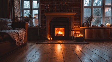 Canvas Print - Cozy room, fireplace burning, candles glowing.