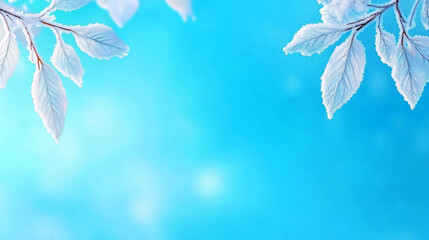 Wall Mural - frost-covered leaves against a bright blue background