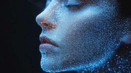 Poster -  a close up of a woman's face with blue dots on it