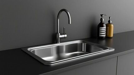Poster - Stainless steel kitchen sink with a modern faucet and dish soap on the counter 