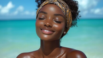 Poster - A woman with her eyes closed on the beach