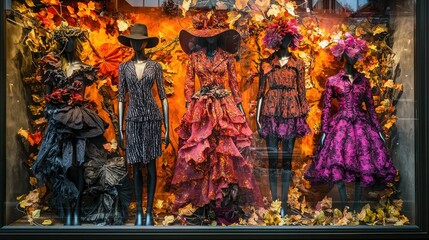 Poster - Fall fashion collection displayed on mannequins in a boutique window 