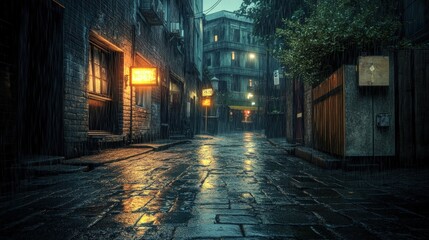 Wall Mural - Rainy night, alleyway, glowing signs, wet cobblestones.