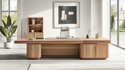 Poster - Modern wooden office desk with minimalist decor 