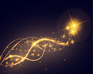 Poster - Abstract glowing golden wave with light trails, sparkles, and smooth curves on dark background. Ideal for luxury, energy, technology, or elegant design themes.