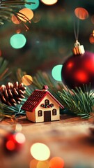 Wall Mural - festive miniature house ornament christmas tree branches