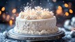 © ThuyTrang - A Snowy Wonderland cake covered in smooth white frosting, adorned with intricate sugar snowflakes, shimmering edible glitter, and a dusting of powdered sugar snow,