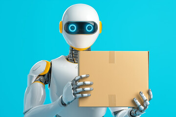 Poster - Robot delivering a package in a bright blue background
