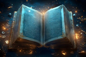 Wall Mural - old open book with magic light and engraving on sheets, blue book