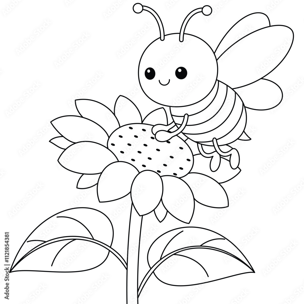Cute kawaii cartoon character bee on a sunflower coloring page, vector ...