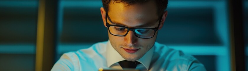 Poster - Focused professional analyzing data on smartphone modern office business context night lighting close-up view digital engagement