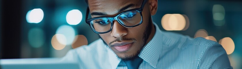 Poster - Focused business professional analyzing data on laptop modern office digital workspace evening productivity concept