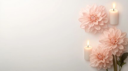 Poster - Elegant Arrangement of Pink Dahlias and Soft Candles on Clean Background for Tranquil Ambiance