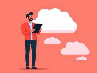 Poster - Business professional analyzing data on tablet amidst clouds in a creative office environment