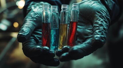 Poster - Colorful liquid samples in test tubes held by gloved hands 