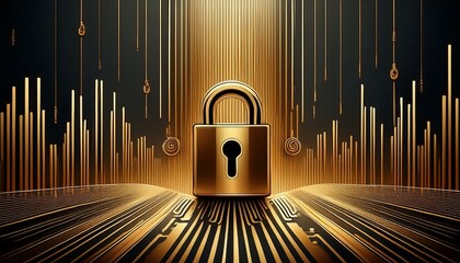 illustration of bar code icon with padlock; block chain concept and business strategy technology