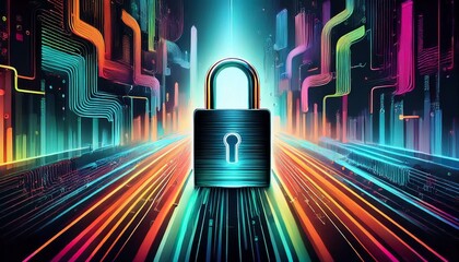 illustration of bar code icon with padlock; block chain concept and business strategy technology
