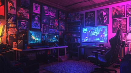 Poster - A cozy gaming den with posters, collectibles, and a large monitor setup