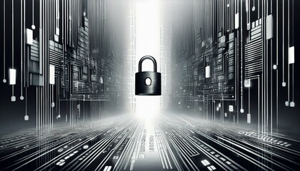 illustration of bar code icon with padlock; block chain concept and business strategy technology