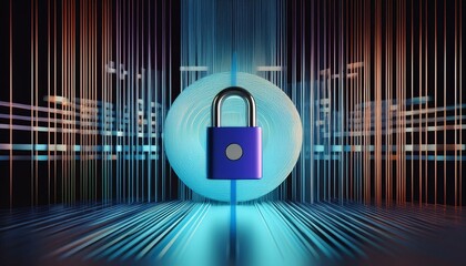 illustration of bar code icon with padlock; block chain concept and business strategy technology