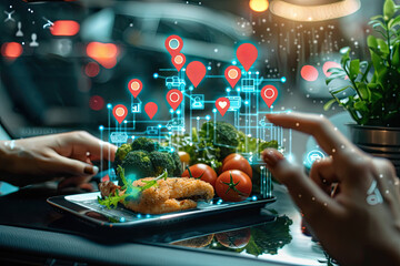 Person using GPS navigation app on a smartphone in a car, with food location pins displayed on the screen, concepts of technology in travel, food delivery.