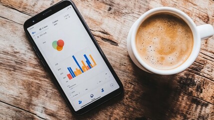 Aufkleber - A flat lay featuring a phone with a social media analytics tool alongside a coffee cup