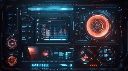 Poster - A futuristic first-person sci-fi game interface with glowing HUD elements