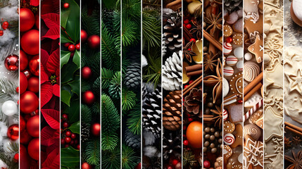 Wall Mural - Abstract background with seasonal and winter stripes with plant, leaf, ball, cone, spice, sweets and gifts texture. Horizontal composition. Concept of Christmas, holiday and New Year.