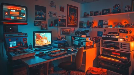 Aufkleber - A retro gaming setup with classic consoles and pixel-