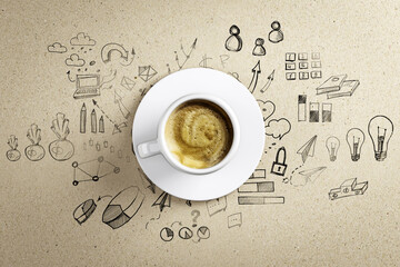 Poster - coffee cup on table with business sketches and doodles conceptually representing ideas, creativity, 