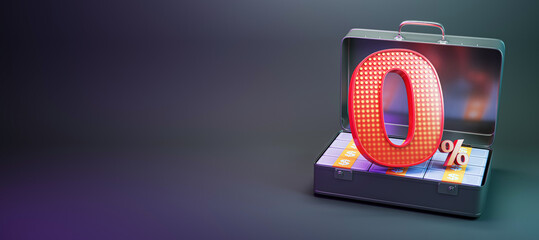 Poster - Zero percent symbol over open briefcase filled with cash bundles on dark background. Concept of financial zero interest or savings. 3D Rendering