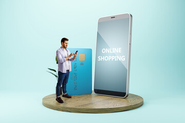 Man using phone with credit card and smartphone for online shopping.