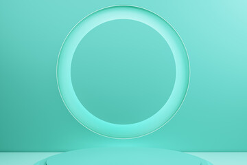 Poster - Minimal green round podium with circular backdrop on gradient background for modern product display or presentation concept. 3D Rendering