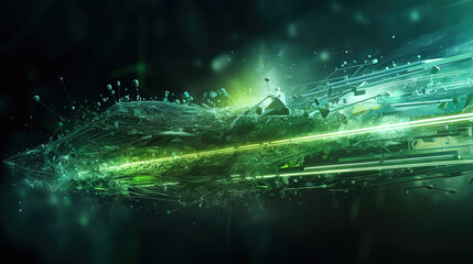 Poster - Abstract light streaks in a dynamic digital space with glowing green elements