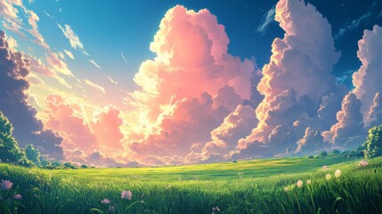 Wall Mural - Majestic Pastel Cloudscape over Verdant Meadow
