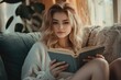 © Elegance Frames - Slim beautiful young woman enjoying a quiet moment with a book and cup of tea, half-body portrait, elegant indoor setting with soft lighting, self-care for Mother's Day.