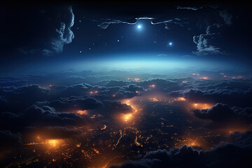 Wall Mural - Futuristic city aerial view at night. Structure of sci-fi metropolis with neon lights from the bird view