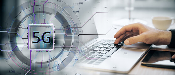 Poster - Modern 5G concept with a hand on a laptop keyboard, overlayed with a futuristic digital 5G symbol, on a tech-inspired workspace background.