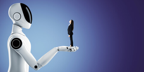 Aufkleber - Robot holding a businesswoman on its palm against blue gradient background.