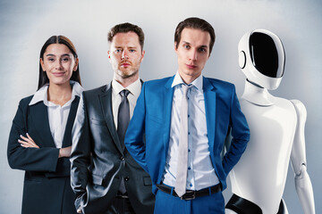 Poster - Business professionals and robot in formal attire against neutral background, symbolizing teamwork and modern technology.