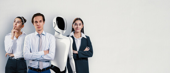 Poster - Businesspeople and robot standing together on a plain background, representing teamwork and innovation in technology-driven businesses.