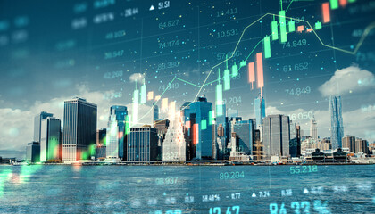 Canvas Print - Financial graph overlays on cityscape, stock market growth and data visualization concept.