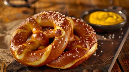 A photo of a soft pretzel with coarse salt and cheese