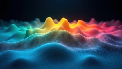 Poster - Abstract colorful wave pattern with textured peaks in a dark background, resembling a rainbow landscape