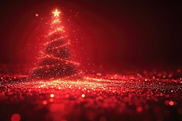 Poster - Sparkling red christmas tree with glowing star on red glitter background