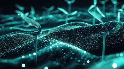Poster - Exploring the innovative renewable energy network of wind turbines connected by glowing lines in a technological landscape