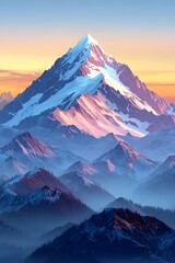 Wall Mural - A stunning view of a snow-capped mountain peak during sunset, with vibrant colors illuminating the sky and majestic layers of rocky mountains in the foreground.