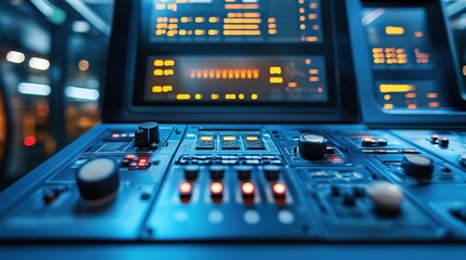 Poster - A factory control panel featuring advanced software controlling automated machinery.