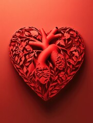 Wall Mural - Paper cut heart on red background